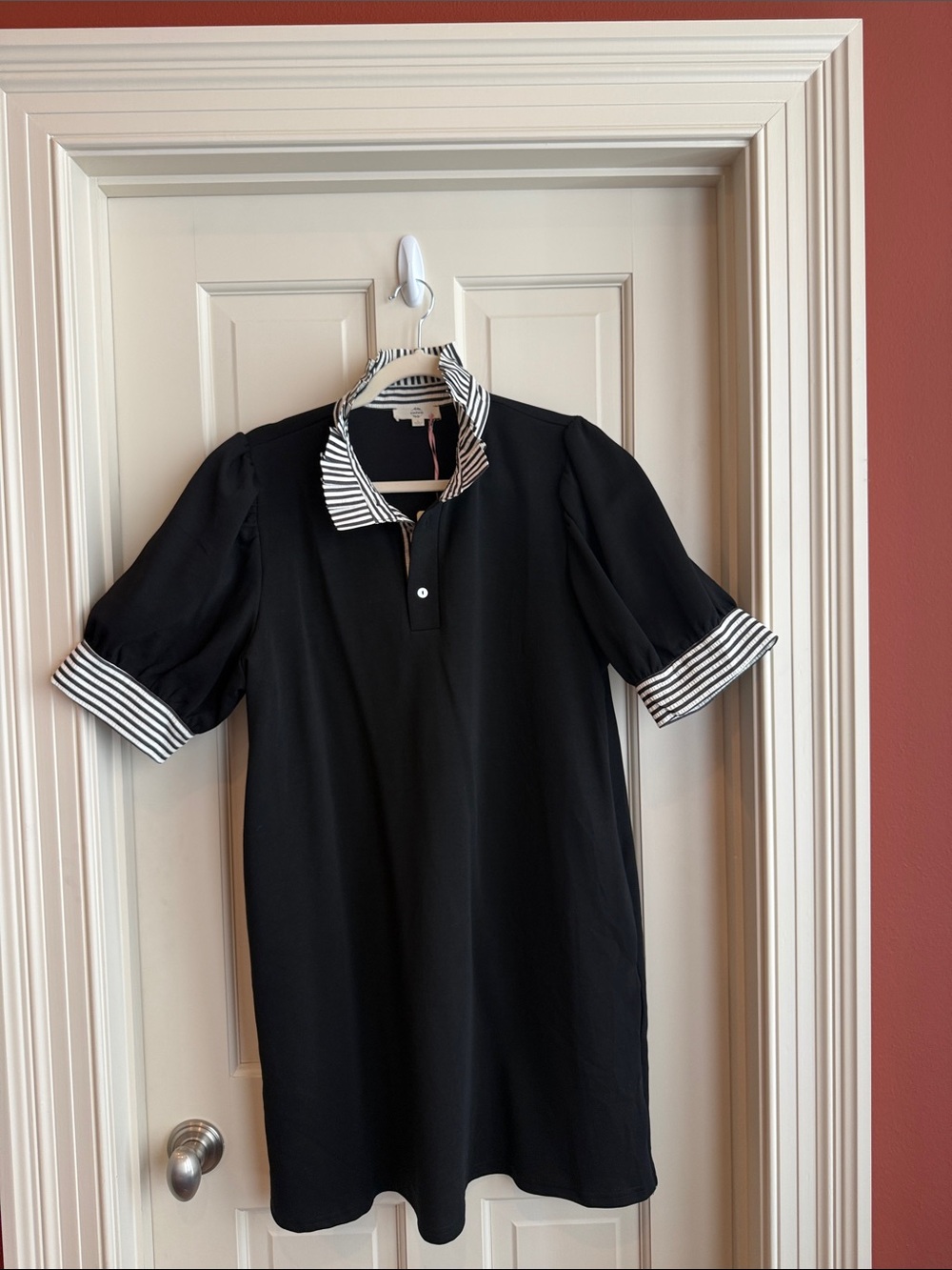 entro Black Mini Dress with Black-and-White Striped Collar and Cuffs